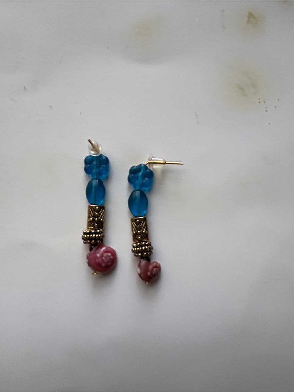 Handcrafted Blue and Pink Beaded Drop Earrings
